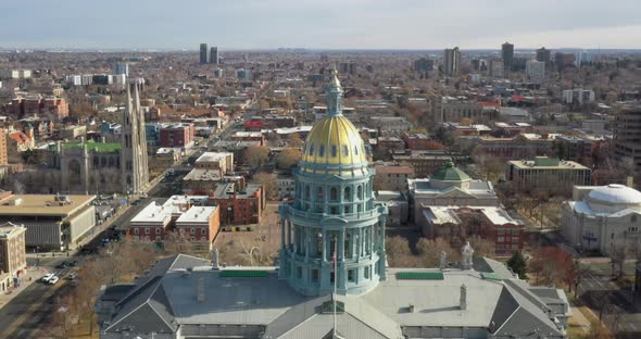 Colorado state capitol with droneing down close up.