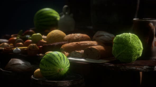 Food Table with Wine Barrels and Some Fruits Vegetables and Bread