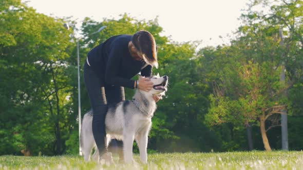 Beautiful Young Woman Playing with Funny Husky Dog Outdoors in Park