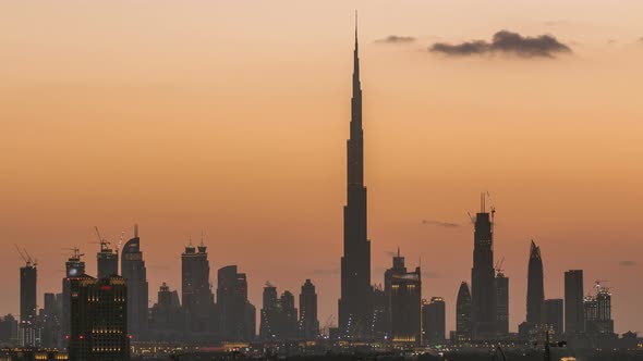 Skyline of Downtown Dubai Day to Night Timelapse