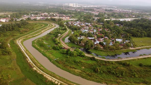 Aerial view curve river near Malays village