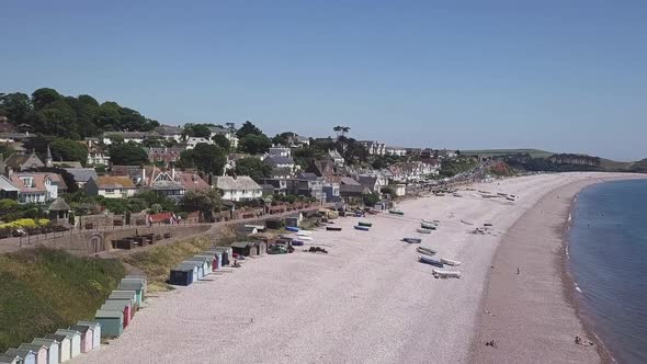 Stunning Wide aerial shot overlooking Budleigh Salterton, in Devon, UK. Boats, cars, holiday makers,