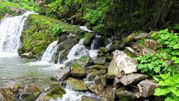 Mountain River Waterfall Flowing Between Rocky Shores in Carpathians Mountains Ukraine