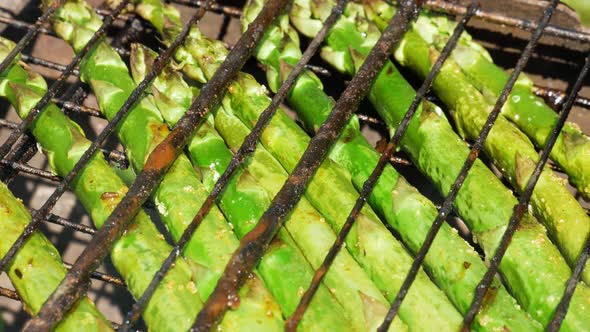 Fresh green asparagus grilling on wood burning bbq, close up view