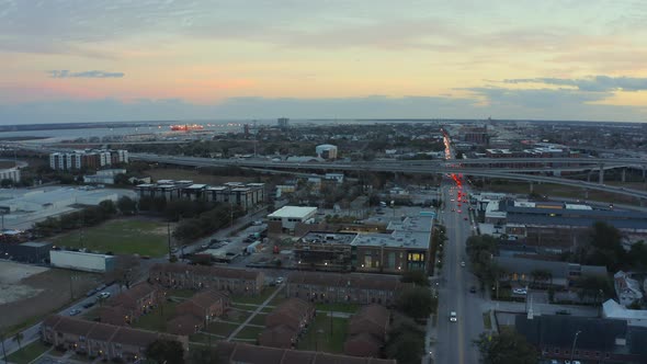 Flying over downtown Charleston at sunset