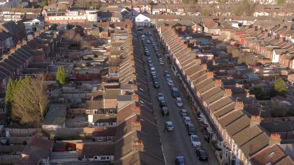 Aerial View of Terraced Working Class Housing in Luton at Sunset