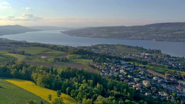 Time lapse over Wädenswil on Lake Zurich in Switzerland by air