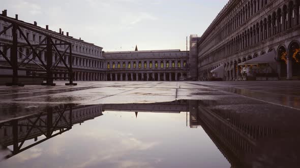 Empty St Mark Square with Buildings After Rain in Evening