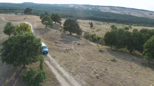 Farmer with blue pick up truck stops on dirt road in ranch with trees