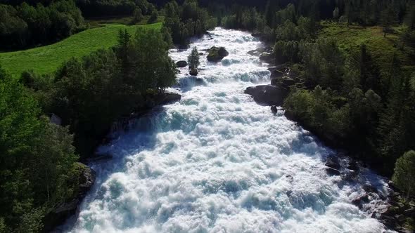 River rapids Vallestadfossen in Norway, aerial view