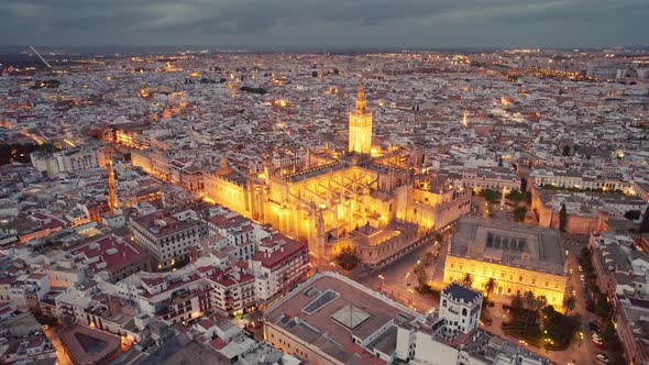 Flying Around the Famous Gothic Cathedral in Seville at Night Andalusia Spain