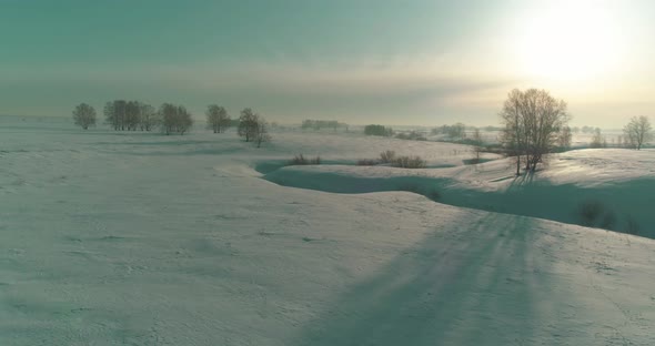 Aerial View of Cold Winter Landscape Arctic Field Trees Covered with Frost Snow Ice River and Sun