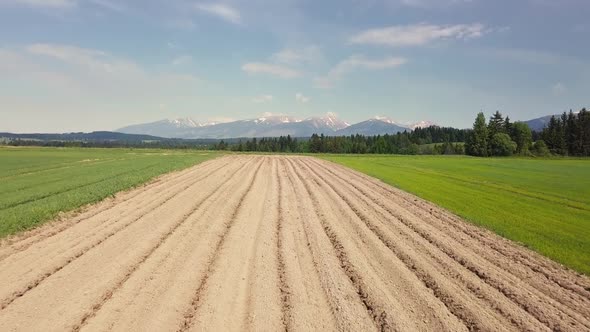 Aerial View of Plowed Food Field under Alps Mountains in Rural Farm Country