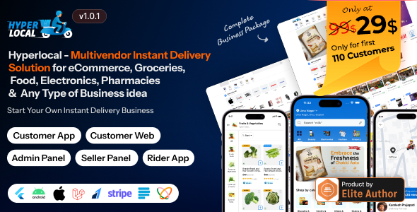 Hyperlocal - Multivendor eCommerce, Grocery, Food, Pharmacy Flutter Delivery app - Admin & Website
