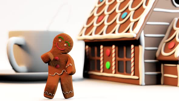 Gingerbread Man Dancing Near a Gingerbread House and a alt