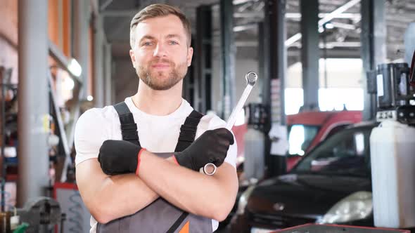Portrait of a European Car Mechanic He Looks at the Camera and Laughs Happily