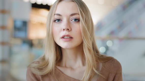 Closeup Female Face Indoors Portrait Blond 20s Girl Millennial Woman Lady Confused Female Looking at