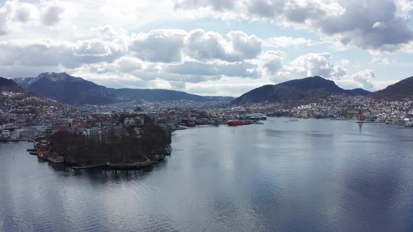 Aerial revealing Solheimsviken, Puddefjord, Gravdal and Damsgaard in Bergen city - Norway