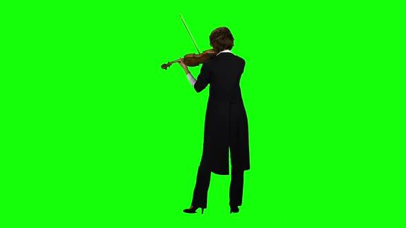 Woman Stands with Her Back and Plays the Violin. Green Screen. Back View