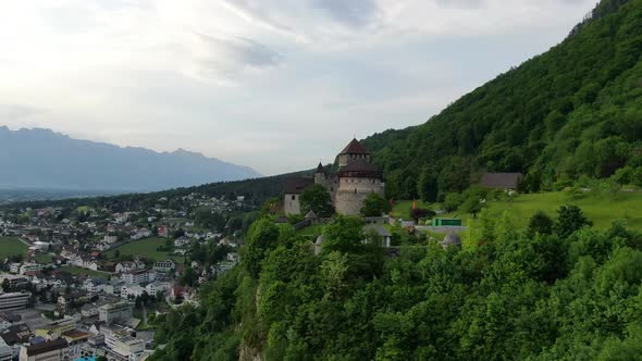 Aerial view of Vaduz castle in capital of Principality of Liechtenstein, Europe
