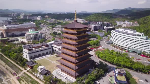 Aerial Footage of Pagoda in Traditional Korean Style in Gyeongju in South Korea