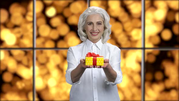 Smiling Elegant Business Woman Offering Gift Box