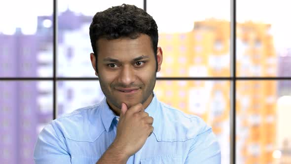 Close Up Portrait Darkskinned Businessman Having Cunning Evil Idea