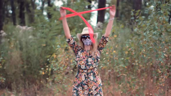 Girl Walking In Face Mask In Summer COVID19 Virus. Health And Safety Concept.