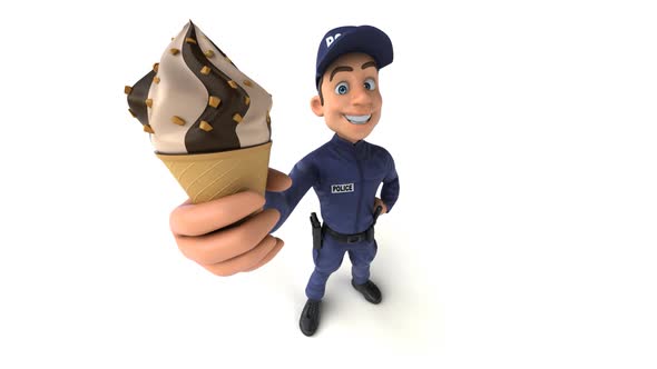 Fun 3D cartoon police man with an Ice Cream