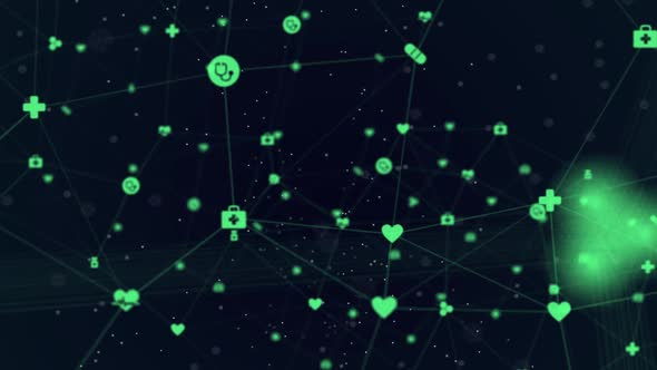 Animation of digital interface and network of connections with green icons on black background
