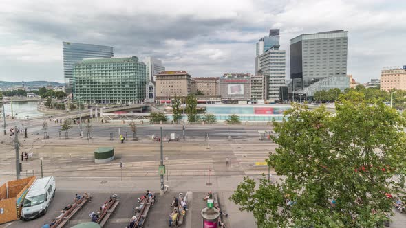 The Schwedenplatz is a Square in Central Vienna Located at the Danube Canal Aerial Timelapse
