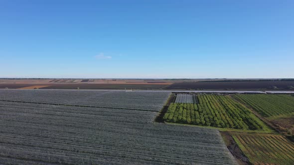 Aerial view of plastic greenhouse on apple orchard. Plant cultivation in organic farming