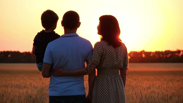 The Family Stands in a Wheat Field and Enjoys the Sunset. A Man Father Holds His Son in His Arms, a