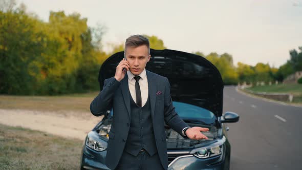 Businessman Standing Speak on Phone Calling Car Assistance Services