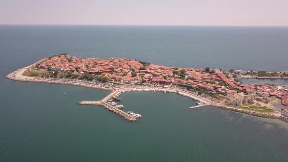 Aerial view of the ancient town of Nessebar located by the Black Sea coast in Bulgaria.