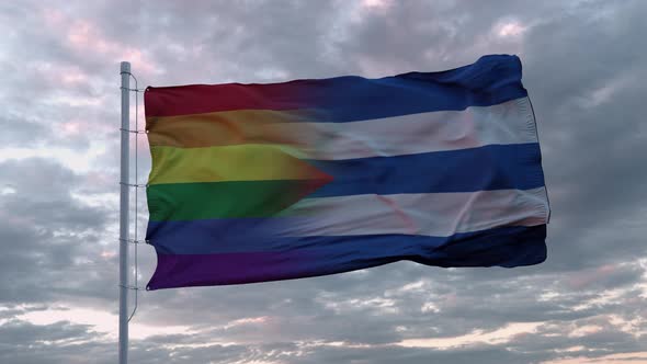 Waving Flag of Cuba State and LGBT Rainbow Flag Background