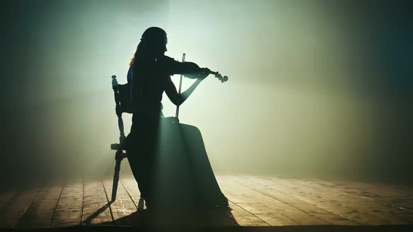 Silhouette of a Girl violinist in a Long Dress. 