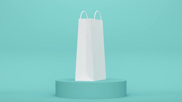 3D Mockup of an empty shopping bag on a blue podium. Minimal modern motion design.