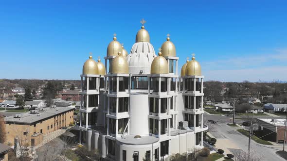 St. Joseph Ukrainian Catholic Church in Northwest Chicago. Flight Over the Church in a Festive