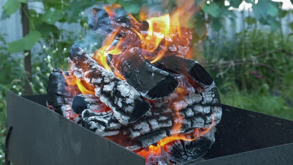 Firewood burning on barbecue grill. Burning logs. Firewood and coals burning on BBQ grill