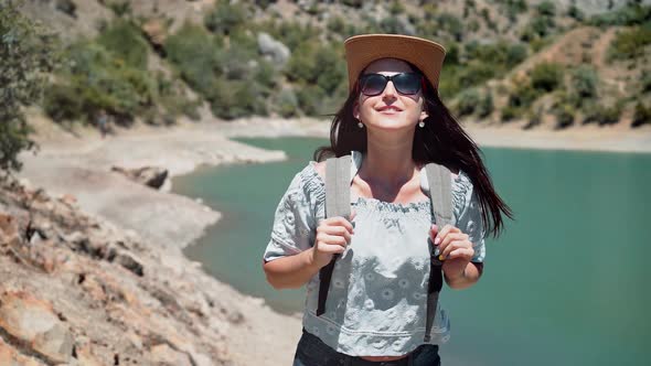 Medium Shot Portrait Hiker Woman Ascending on Mountain Enjoying Amazing Seascape