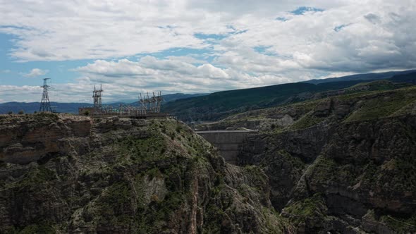 Water Reservoir and a Dam in Dagestan Aerial View of the Concrete Dam Chirkei Famous Hydroelectric