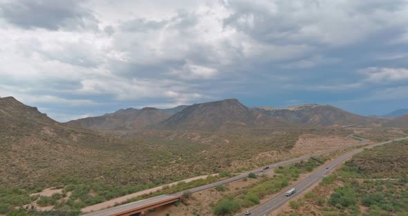 Aerial view of remote desert highway landscape in northern mountains Arizona, US