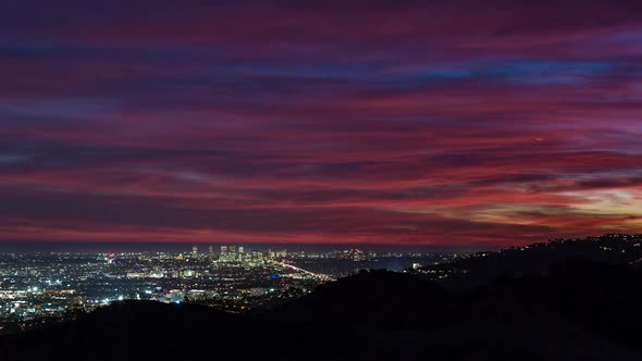 Los Angeles Hollywood Hills and Century City after Sunset Pink Clouds