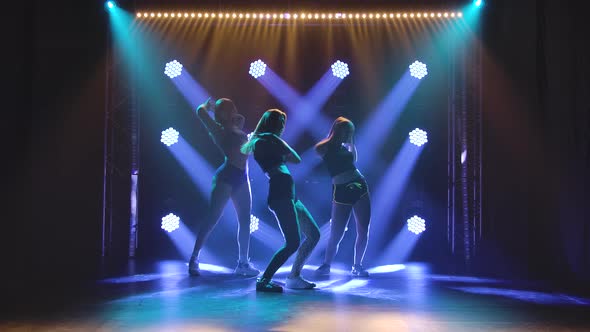 Three Sensual Long Haired Woman Shaking Her Ass Dancing Twerk in Studio Against a Background of Blue