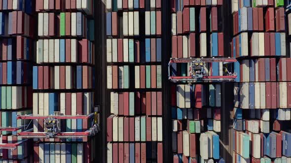 Cargo containers in busy port, aerial. Drone shot. 