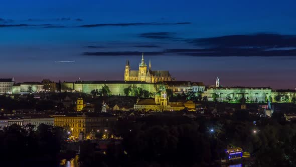 Evening View of Prague Castle Over Vltava River Timelapse Czech Republic