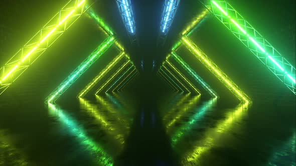 Abstract Neon Background Flying Forward Through the Corridor Glowing Green Blue Lines Appear