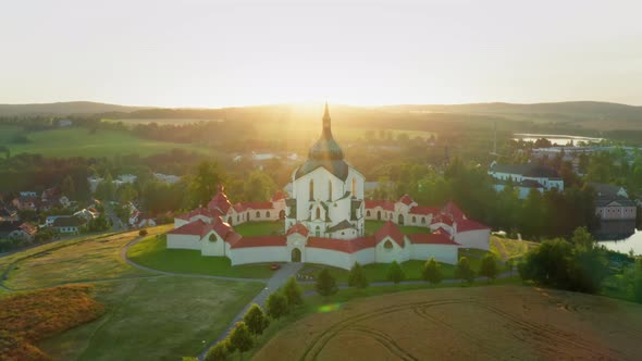 Flying Around the Pilgrimage Church of Saint John of Nepomuk on the Green Hill at Sunset