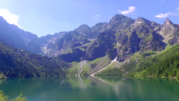 Famous mountain lake in the Tatras mountains at sunrise, Poland